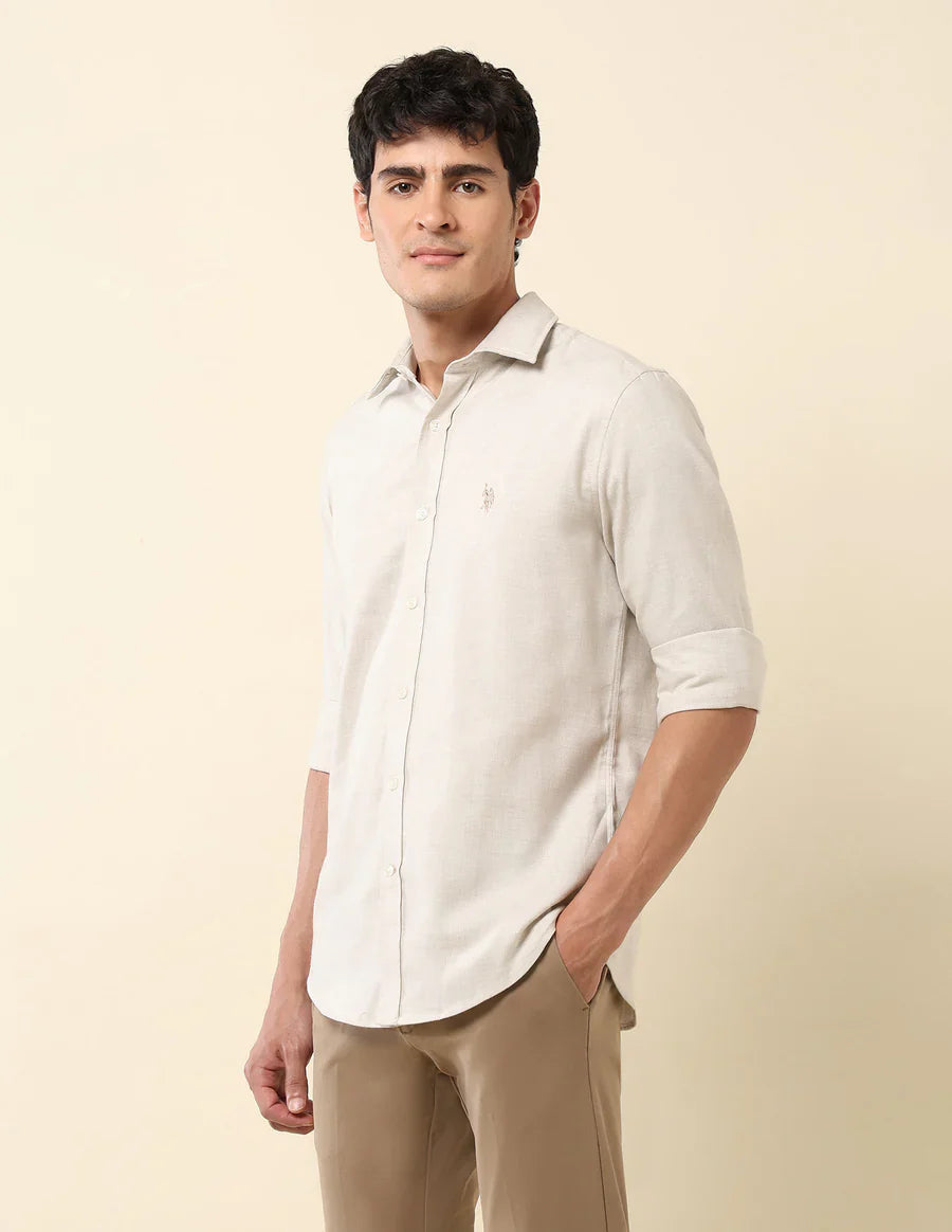 Ecru Color Textured Lenin Cotton Tailored Fit Men&