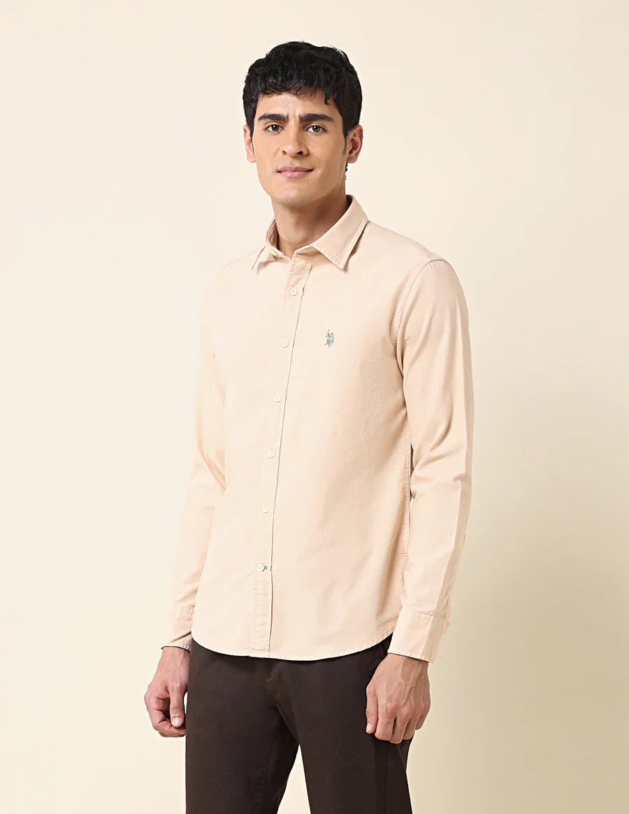 Beige Plain Tailored Fit Cotton Casual Shirt