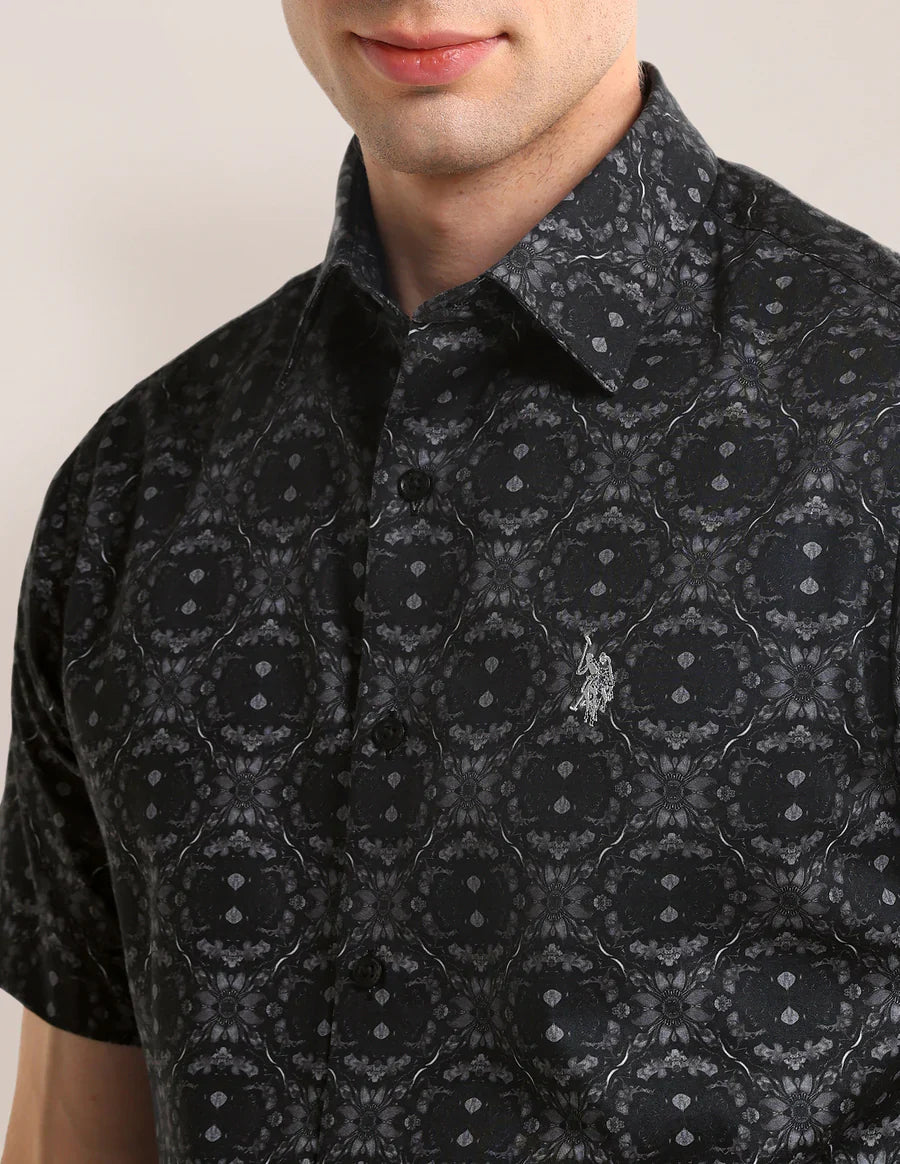 Black Floral Printed Tailored Fit Cotton Satin Shirt