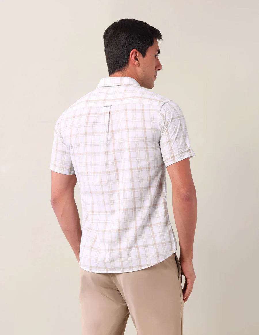 Light Beige Checks Cotton Tailored Fit Shirt
