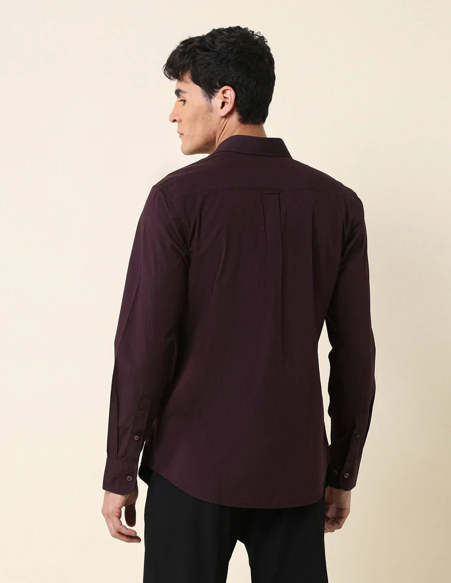 Wine Coloured Stripes Cotton Tailored Fit Casual Shirt