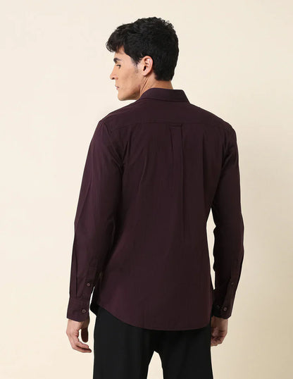 Wine Coloured Stripes Cotton Tailored Fit Casual Shirt