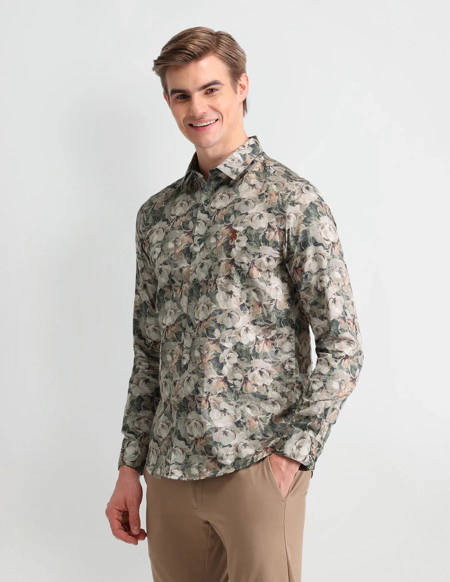 Olive Green Denim Co Digital Print Satin Shirt