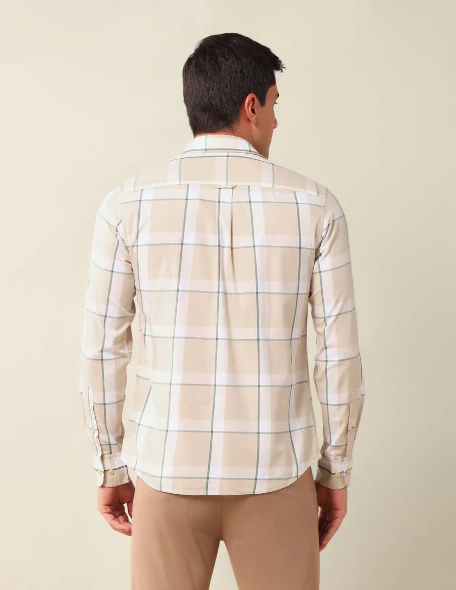 Checkered Spread Collar Beige Cotton Men Shirt
