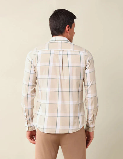 Checkered Spread Collar Beige Cotton Men Shirt
