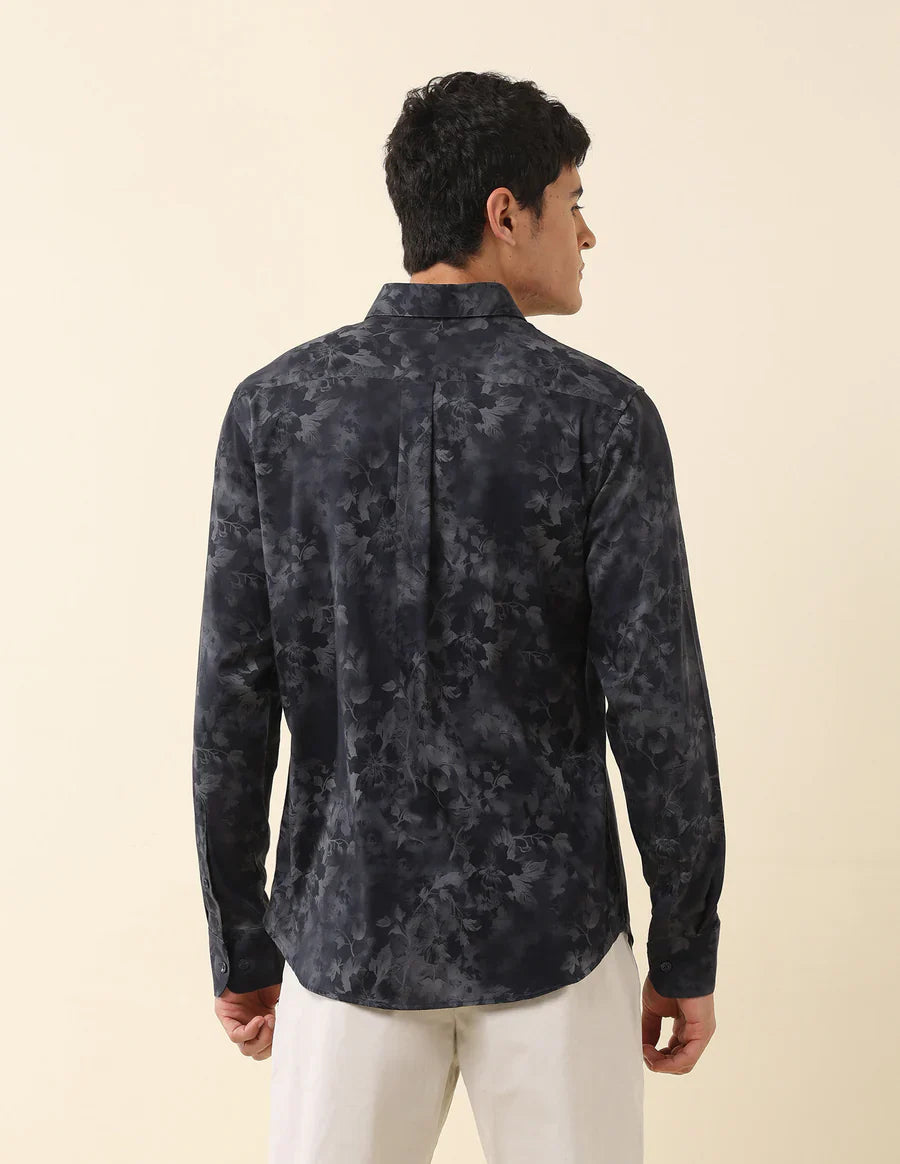 Floral Digital Print Navy Blue Cotton-Satin Party Wear Shirt