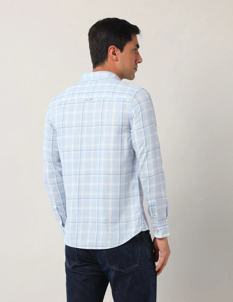 Tartan Checks Light Blue Denim Co Cotton Blend Shirt