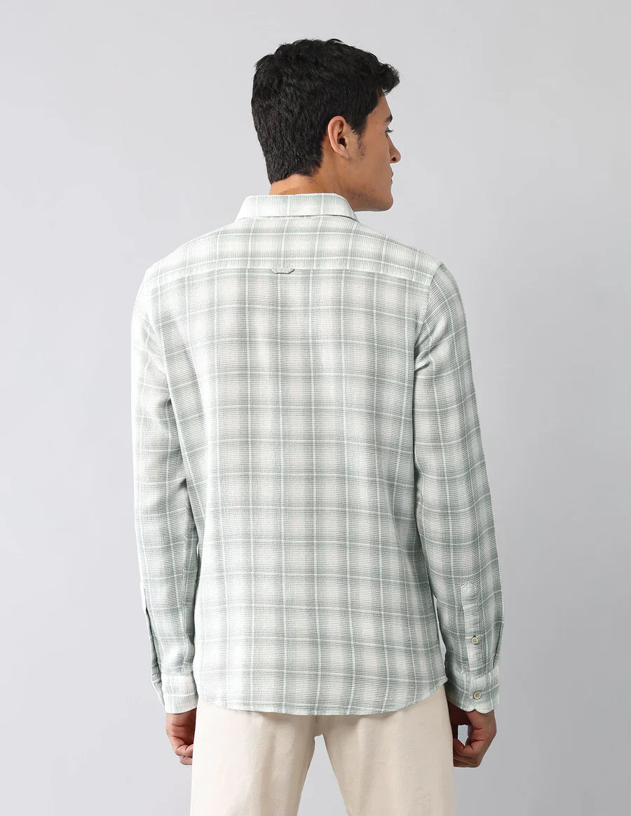 Light Green Tartan Checked Classic Slim Fit Cotton-Jute Shirt