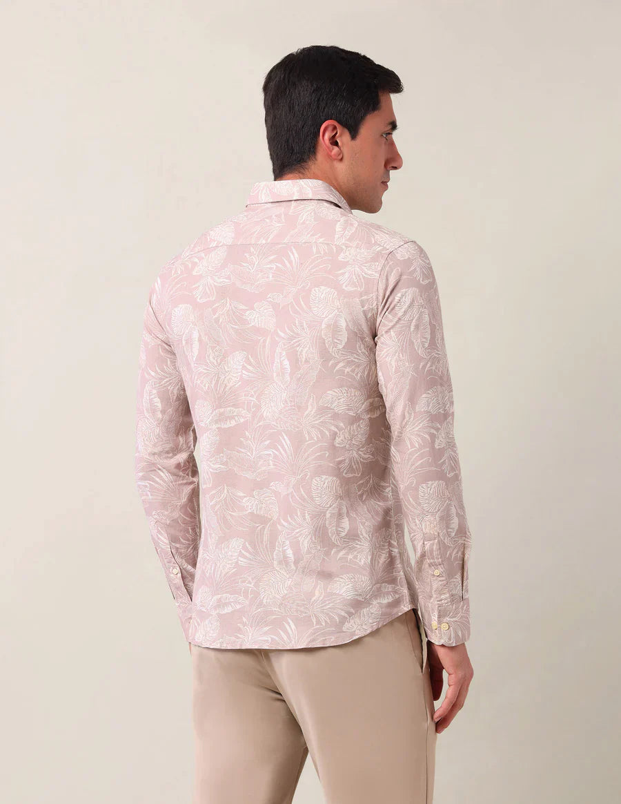 Light Peach Floral Printed Linen Cotton Blend Shirt