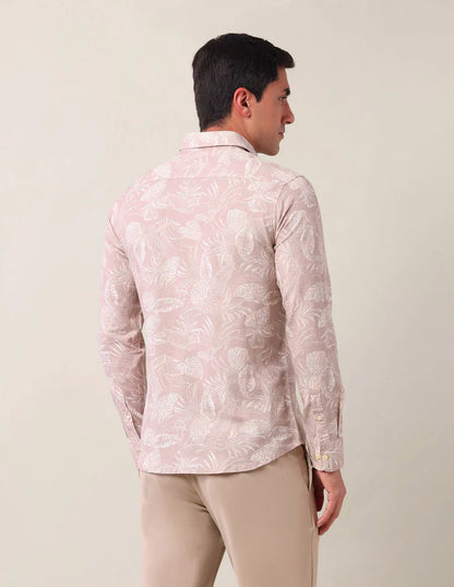 Light Peach Floral Printed Linen Cotton Blend Shirt