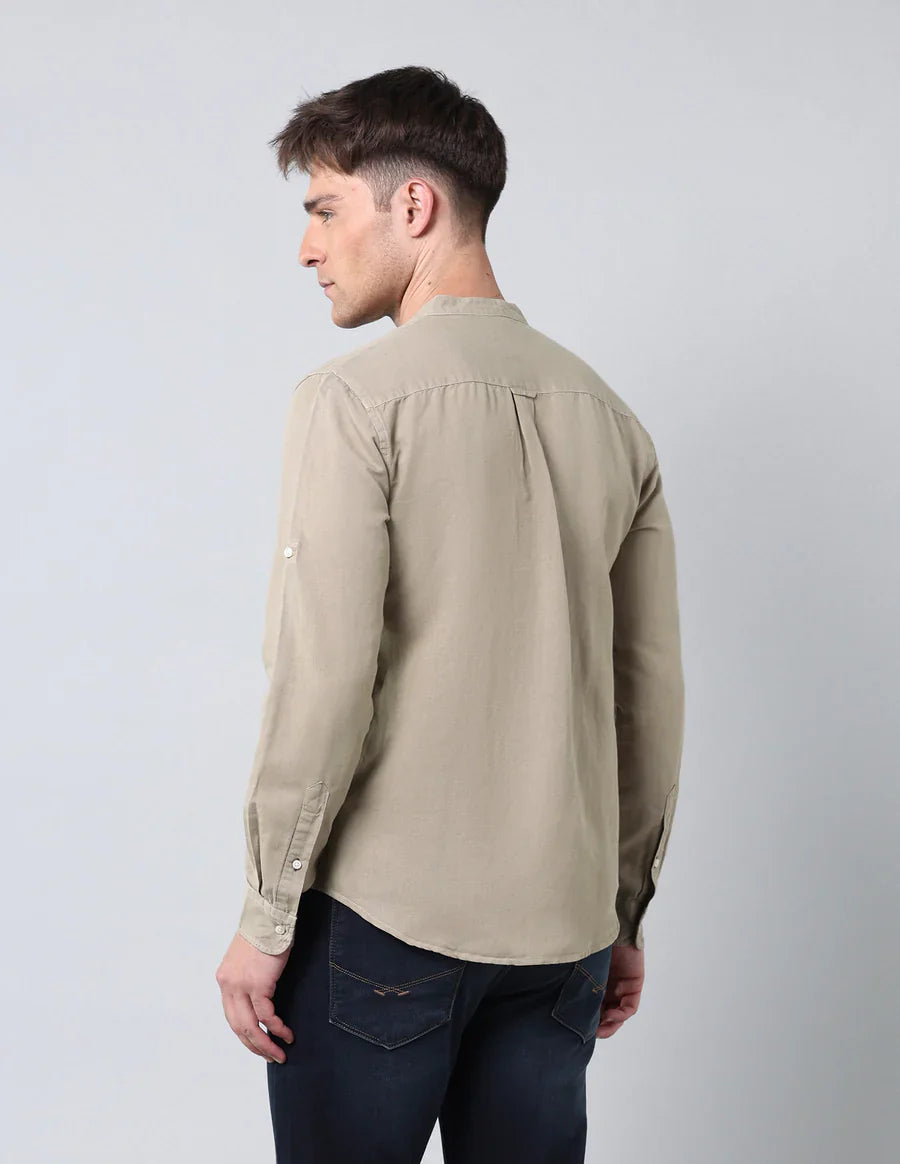 Khaki Colour Pure Cotton Solid Denim Co Full Sleeve Shirt