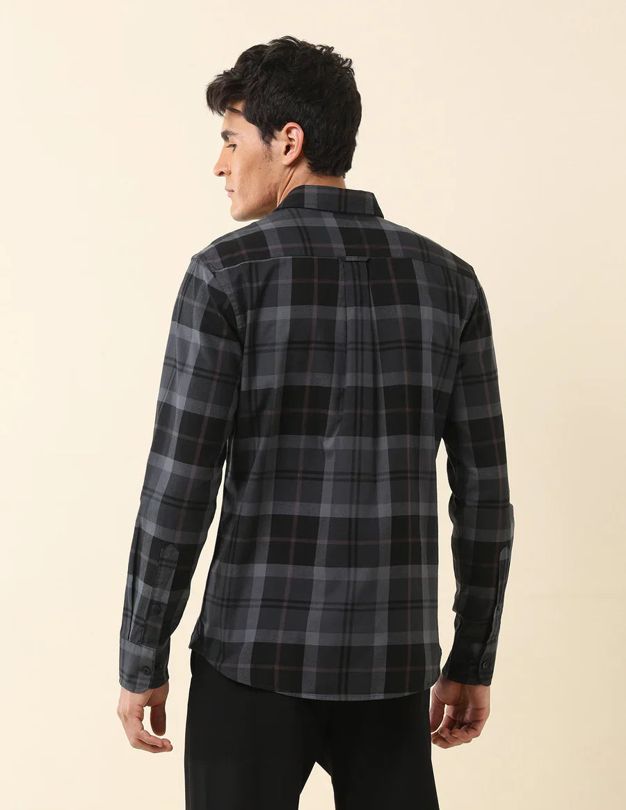 Dark Grey Checkered Spread Collar Cotton Men Shirt