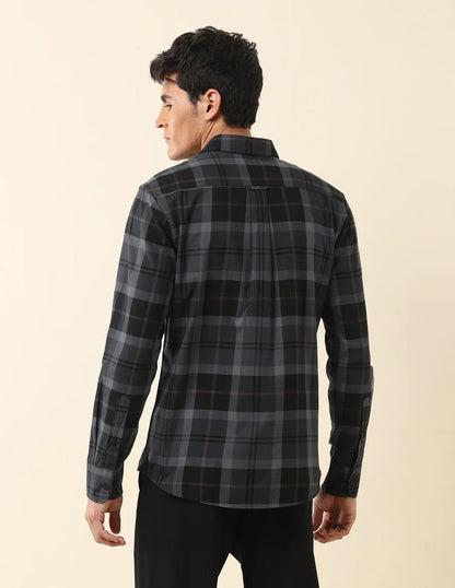 Dark Grey Checkered Spread Collar Cotton Men Shirt