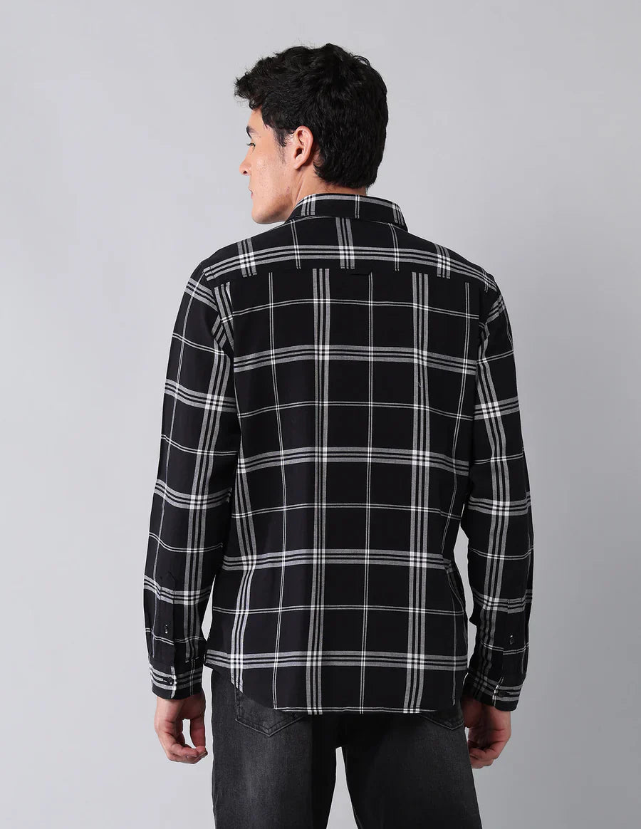 Black Cotton Linen Checks Casual Shirt