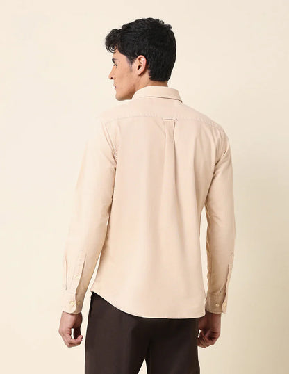 Beige Plain Tailored Fit Cotton Casual Shirt