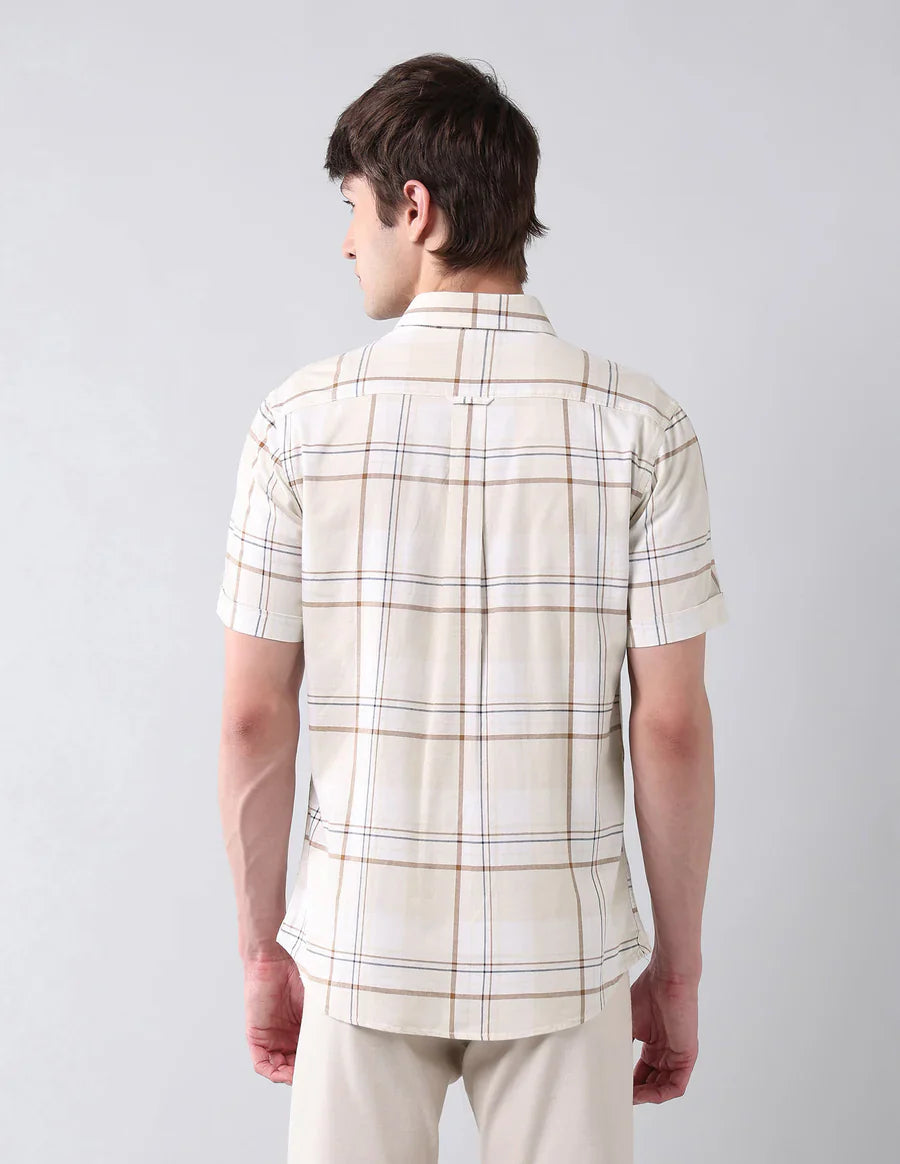 Ecru Checkered Cotton Tailored Fit Classic Shirt