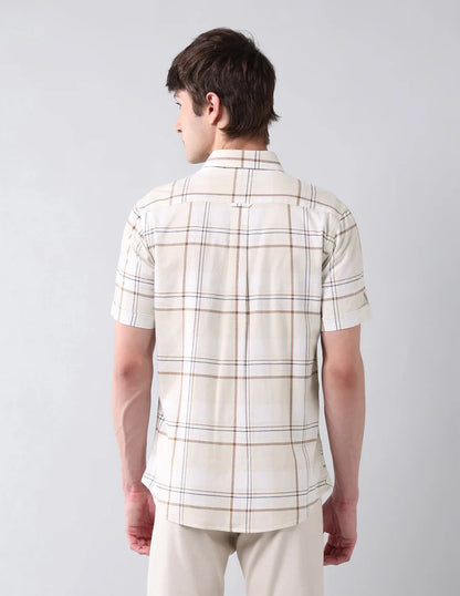Ecru Checkered Cotton Tailored Fit Classic Shirt