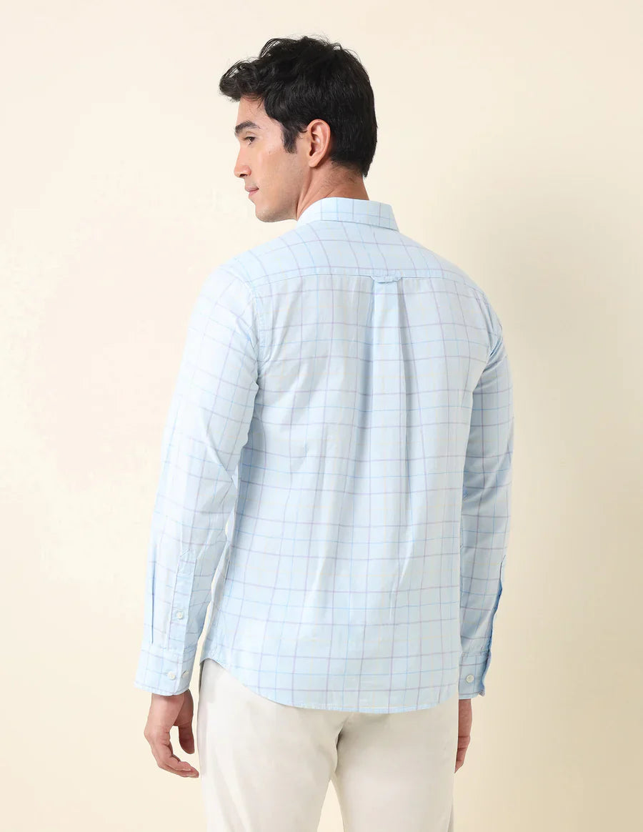 Aqua Blue Tailored Fit Cotton Checks Shirt
