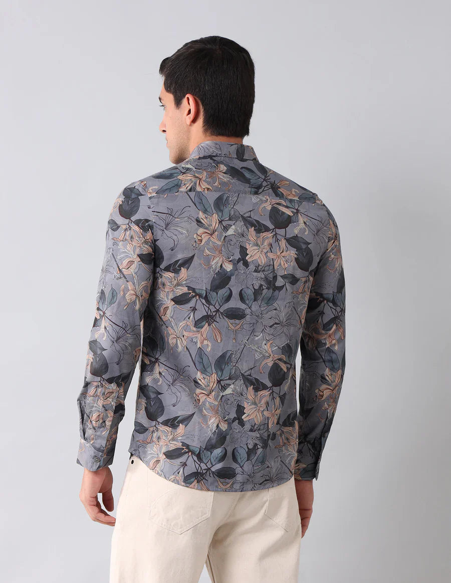 Dark Grey Digital Floral Printed Cotton Blend Casual Shirt