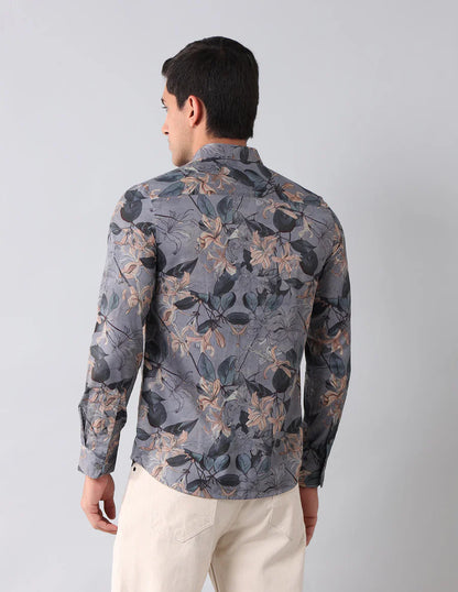 Dark Grey Digital Floral Printed Cotton Blend Casual Shirt