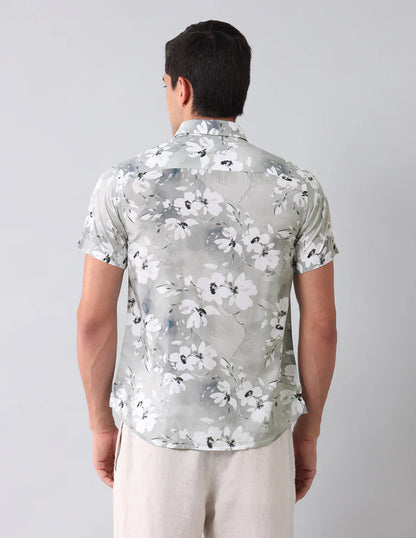 Grey Digital Floral Printed Cotton Blend Casual Half Sleeve Shirt