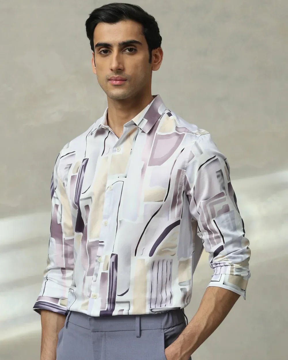 Lilac Digital Print Full Sleeve Cotton Slim Fit Shirt