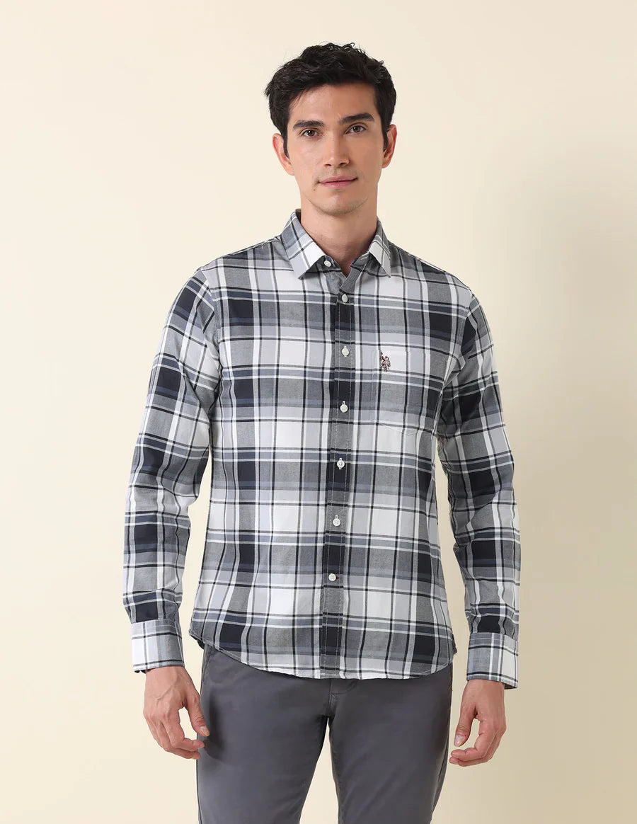 Tailored Fit Grey Checked Cotton Men&
