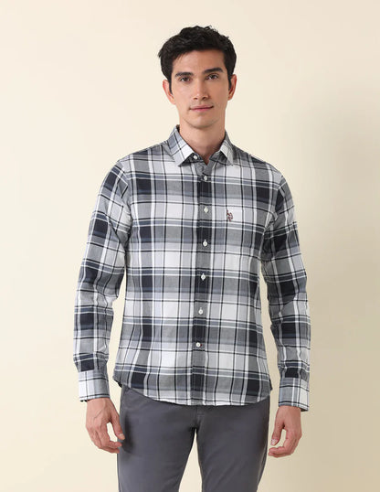 Tailored Fit Grey Checked Cotton Men&