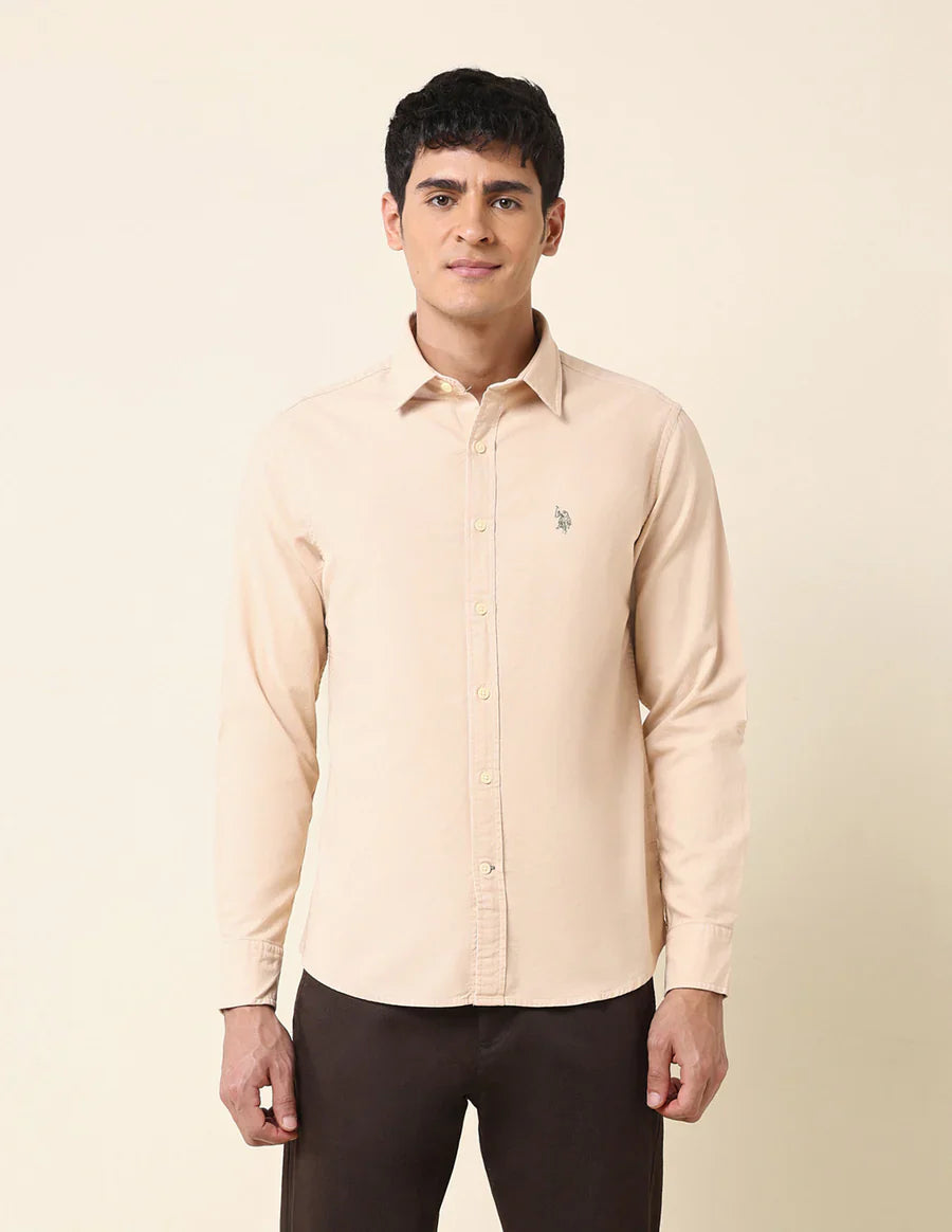 Beige Plain Tailored Fit Cotton Casual Shirt