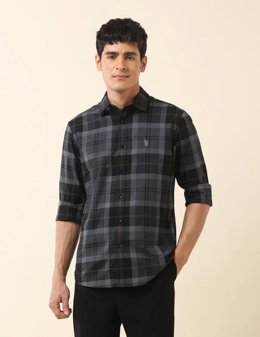Dark Grey Checkered Spread Collar Cotton Men Shirt