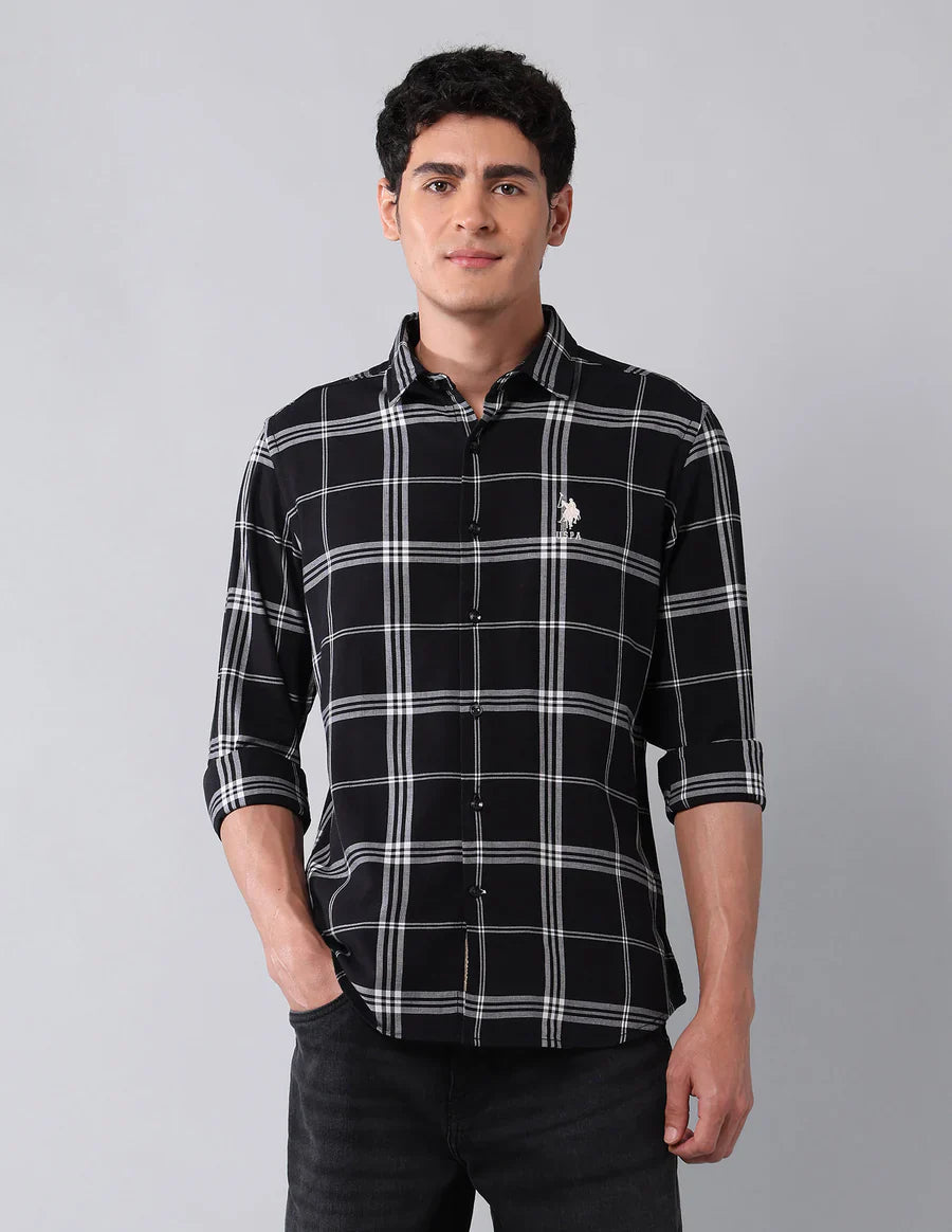 Black Cotton Linen Checks Casual Shirt