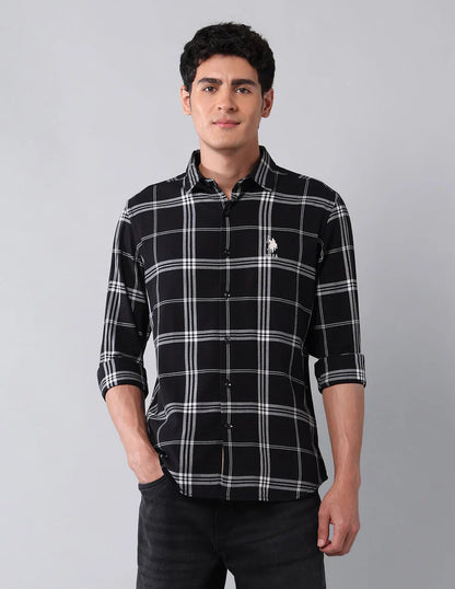 Black Cotton Linen Checks Casual Shirt