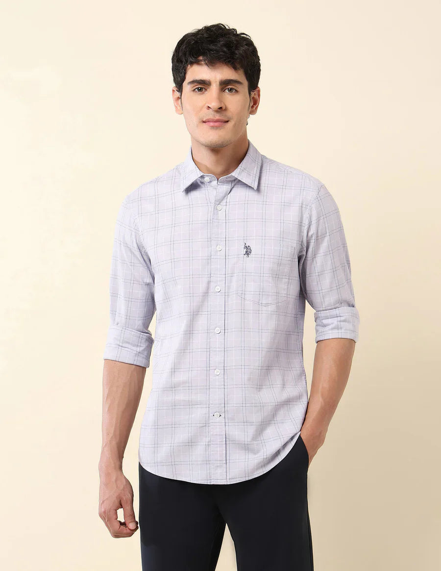 Tailored Fit Light Grey Checked Cotton Men&