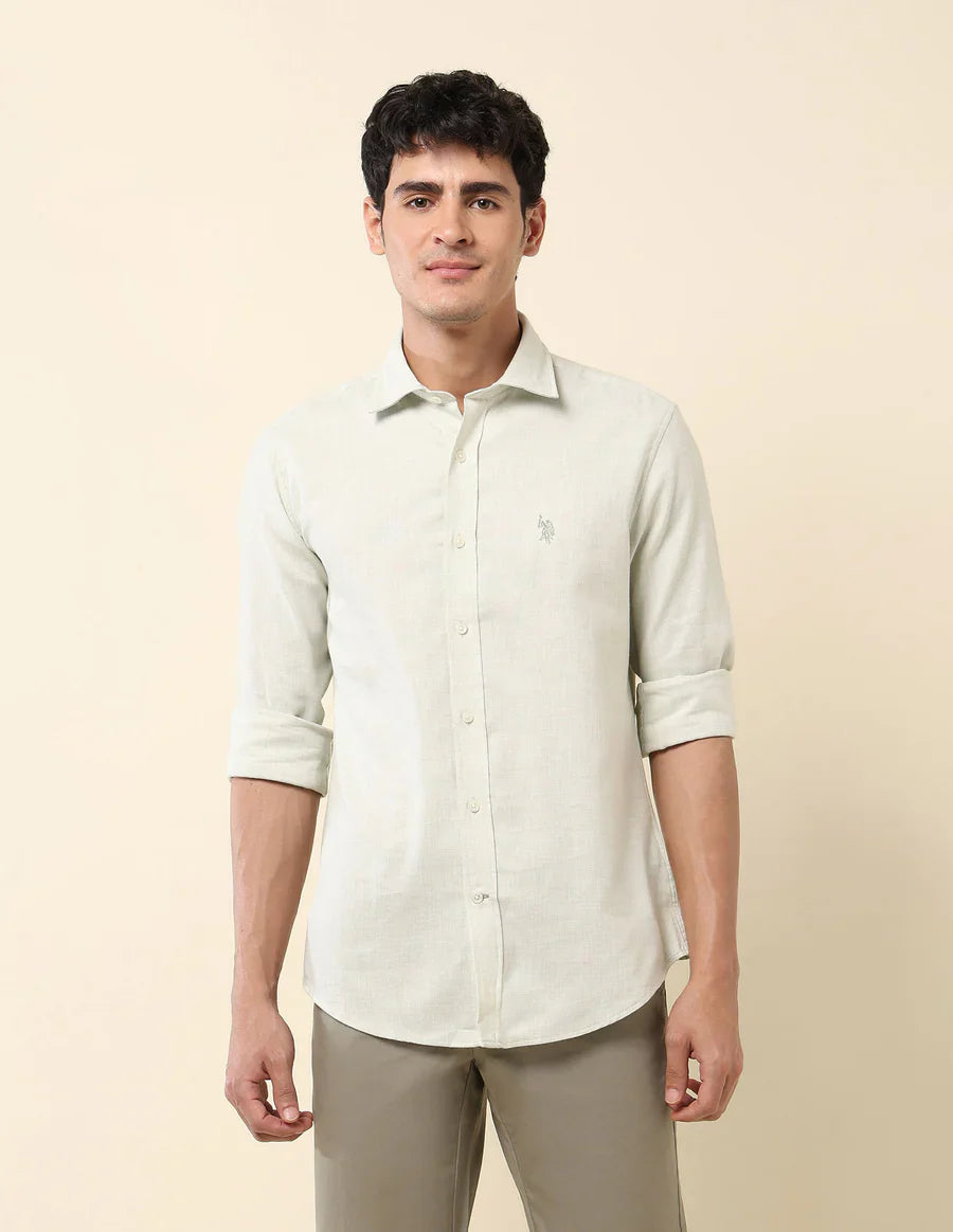 Light Green Solid Linen Cotton Full Sleeve Tailored Fit Shirt