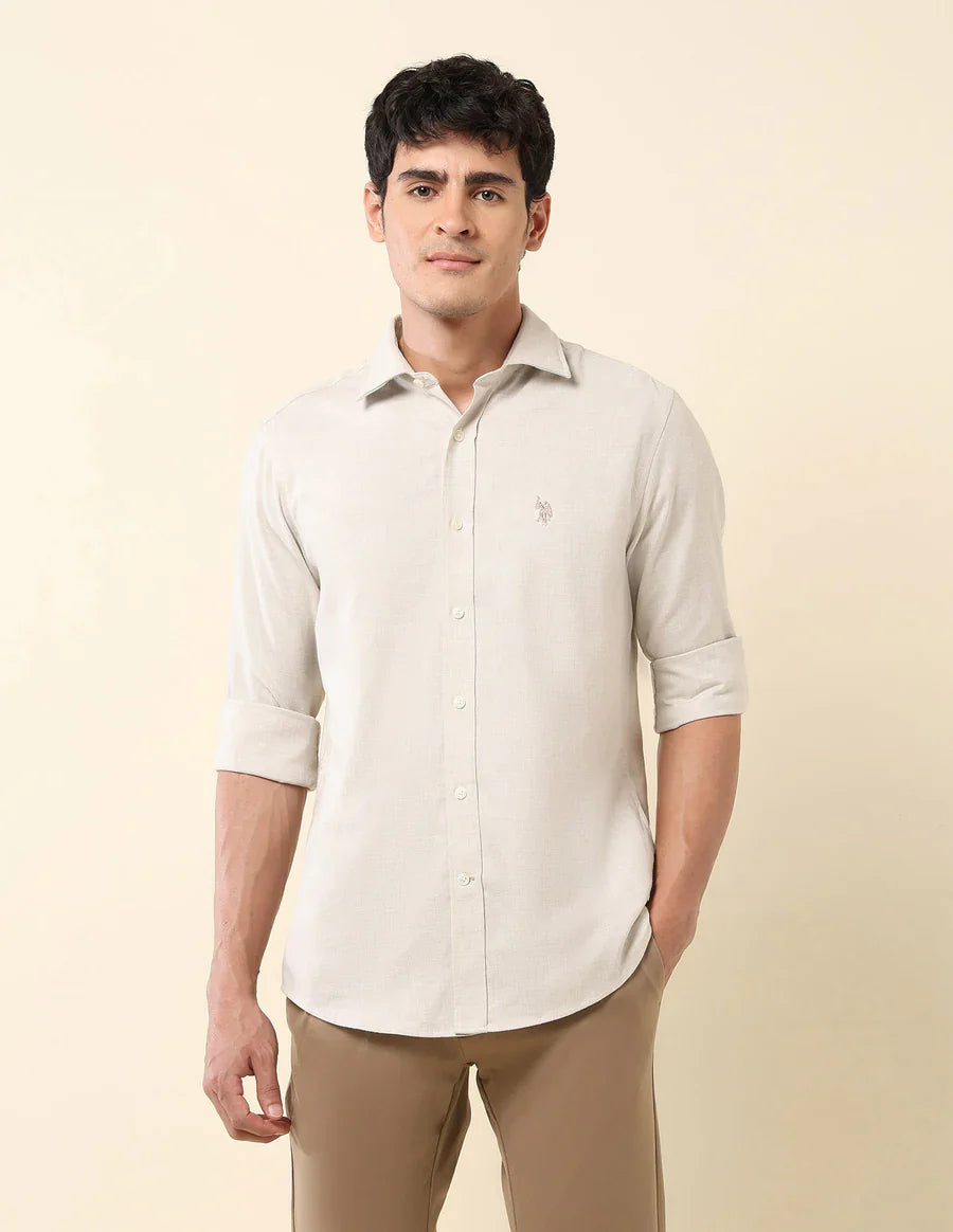 Ecru Color Textured Lenin Cotton Tailored Fit Men&