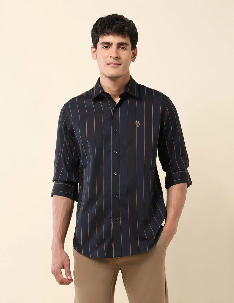 Navy Blue Striped Cotton-Satin Trendy Shirt