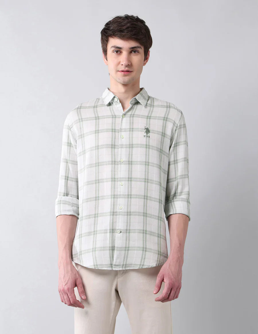 Tartan Checks Light Green Linen Cotton Blend Shirt