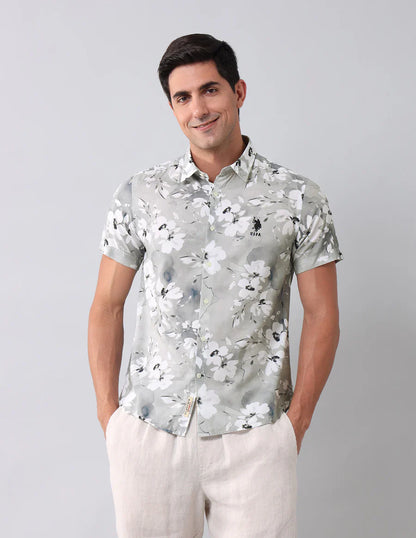 Grey Digital Floral Printed Cotton Blend Casual Half Sleeve Shirt