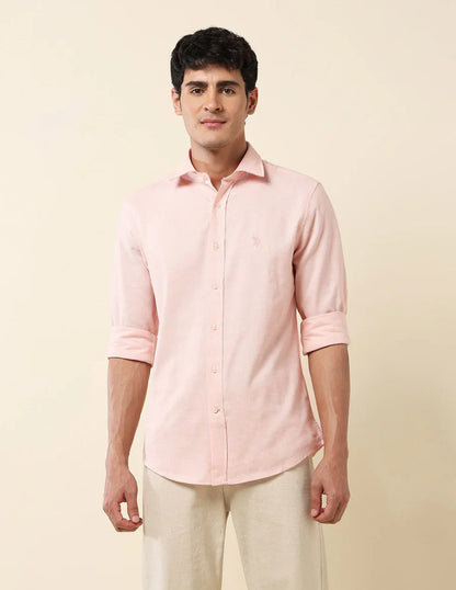 Pink Textured Lenin Cotton Tailored Fit Shirt