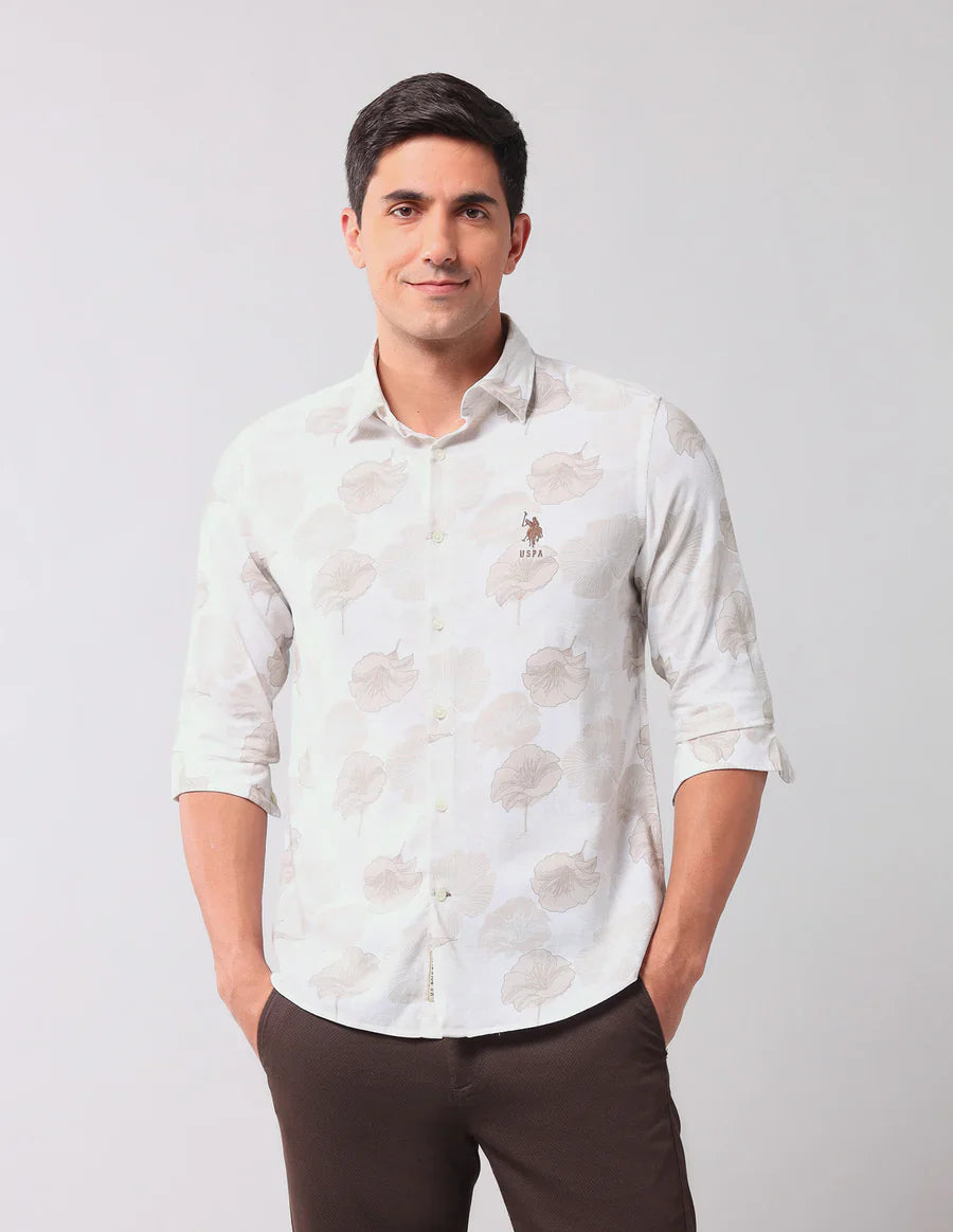 Floral Printed Beige Cotton Denim Co Casual Shirt