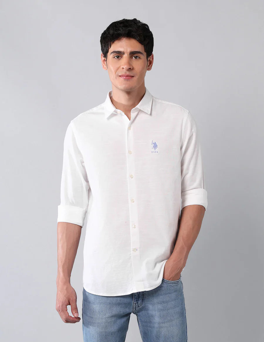 White Solid Cotton Linen Casual Shirt