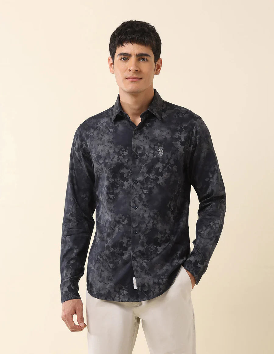 Floral Digital Print Navy Blue Cotton-Satin Party Wear Shirt