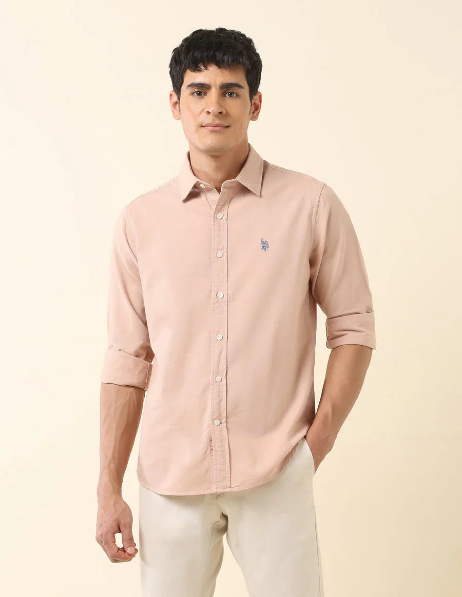 Decent Light Peach Plain Cotton Tailored Fit Shirt
