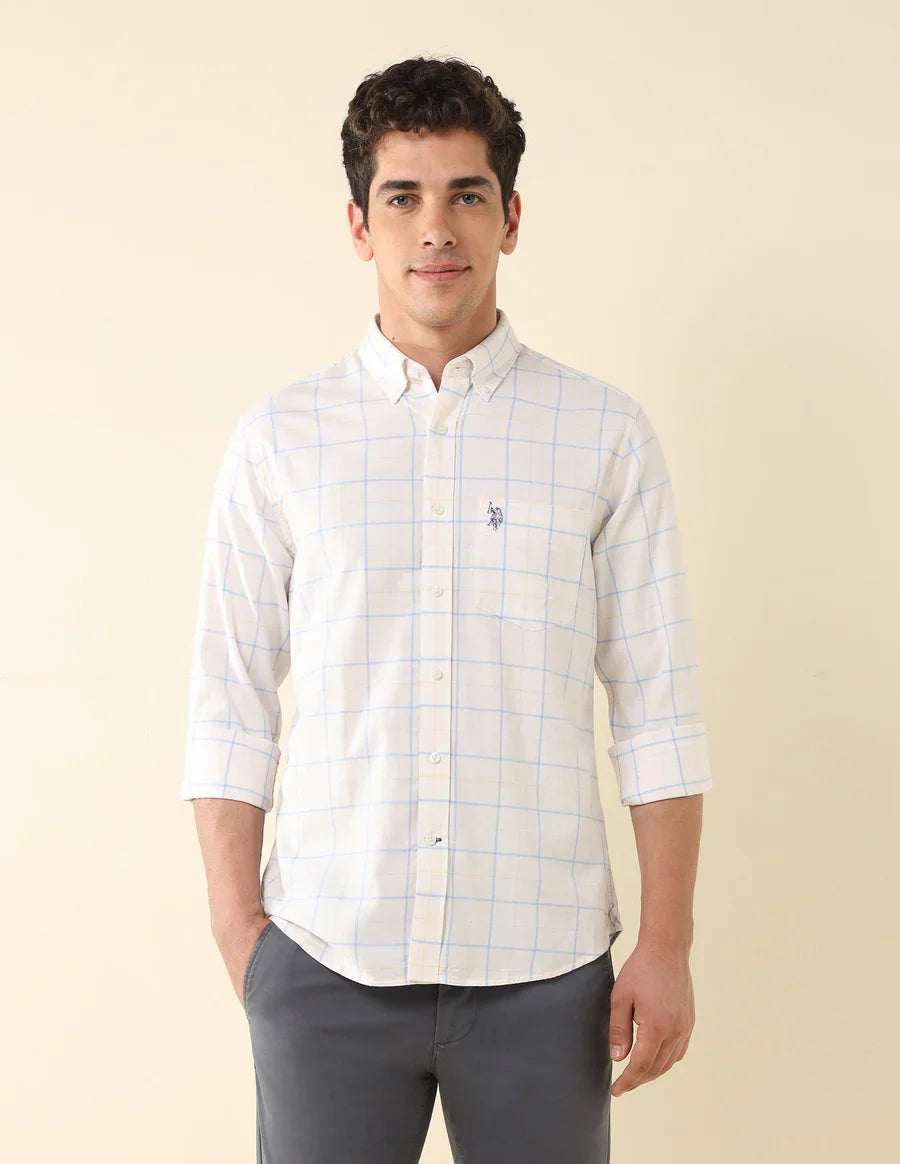 Checkered Ecru Coloured Cotton Full Sleeve Men&
