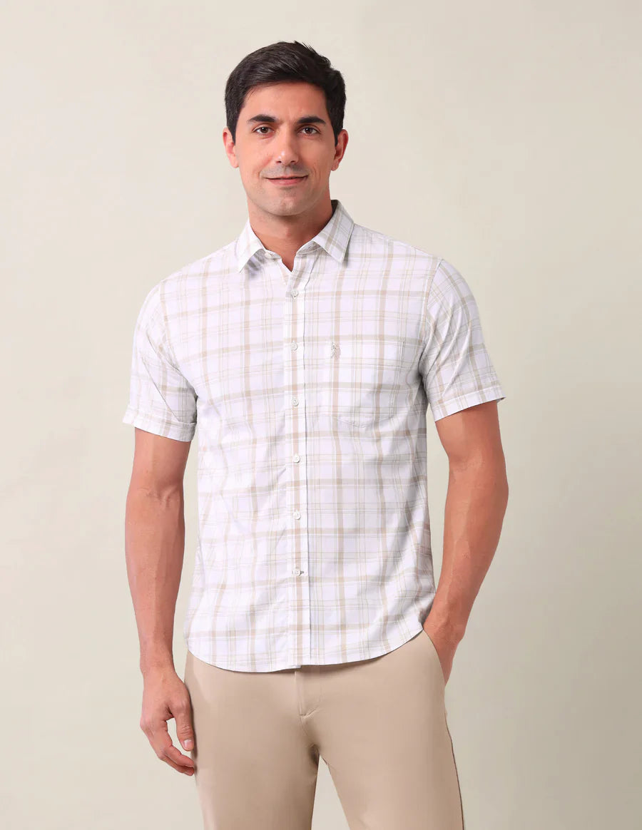 Light Beige Checks Cotton Tailored Fit Shirt