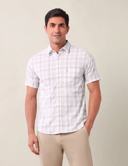 Light Beige Checks Cotton Tailored Fit Shirt