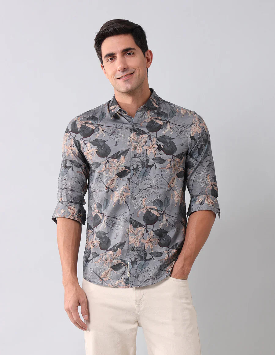 Dark Grey Digital Floral Printed Cotton Blend Casual Shirt