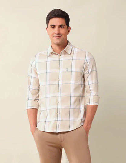 Checkered Spread Collar Beige Cotton Men Shirt