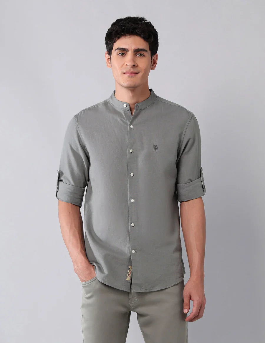Pure Cotton Dark Grey Solid Denim Co Full Sleeve Shirt