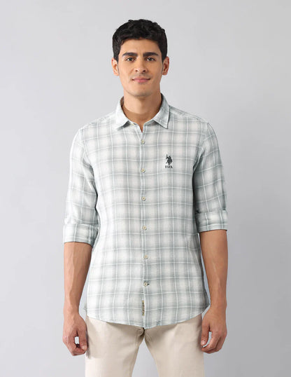 Light Green Tartan Checked Classic Slim Fit Cotton-Jute Shirt
